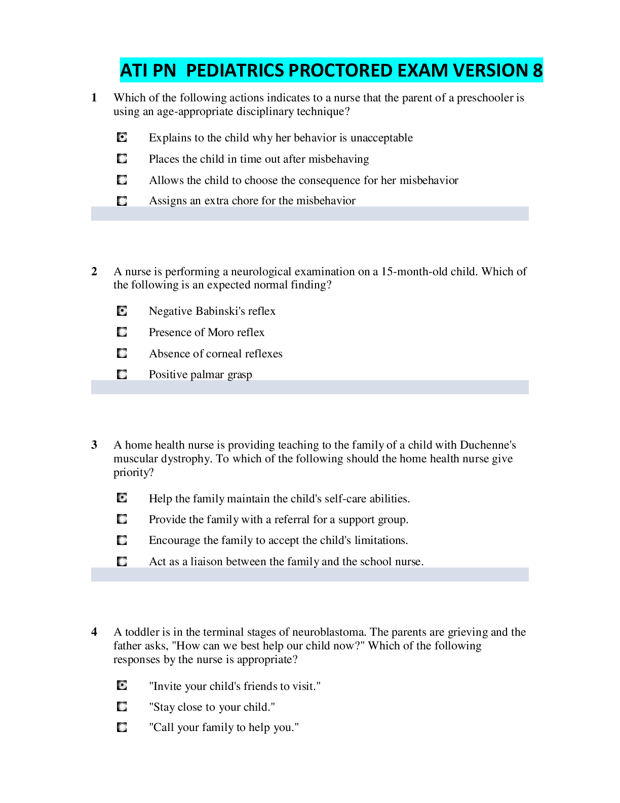 ATI PN Pediatrics Proctored Exam Version 8 Complete Questions & Answers